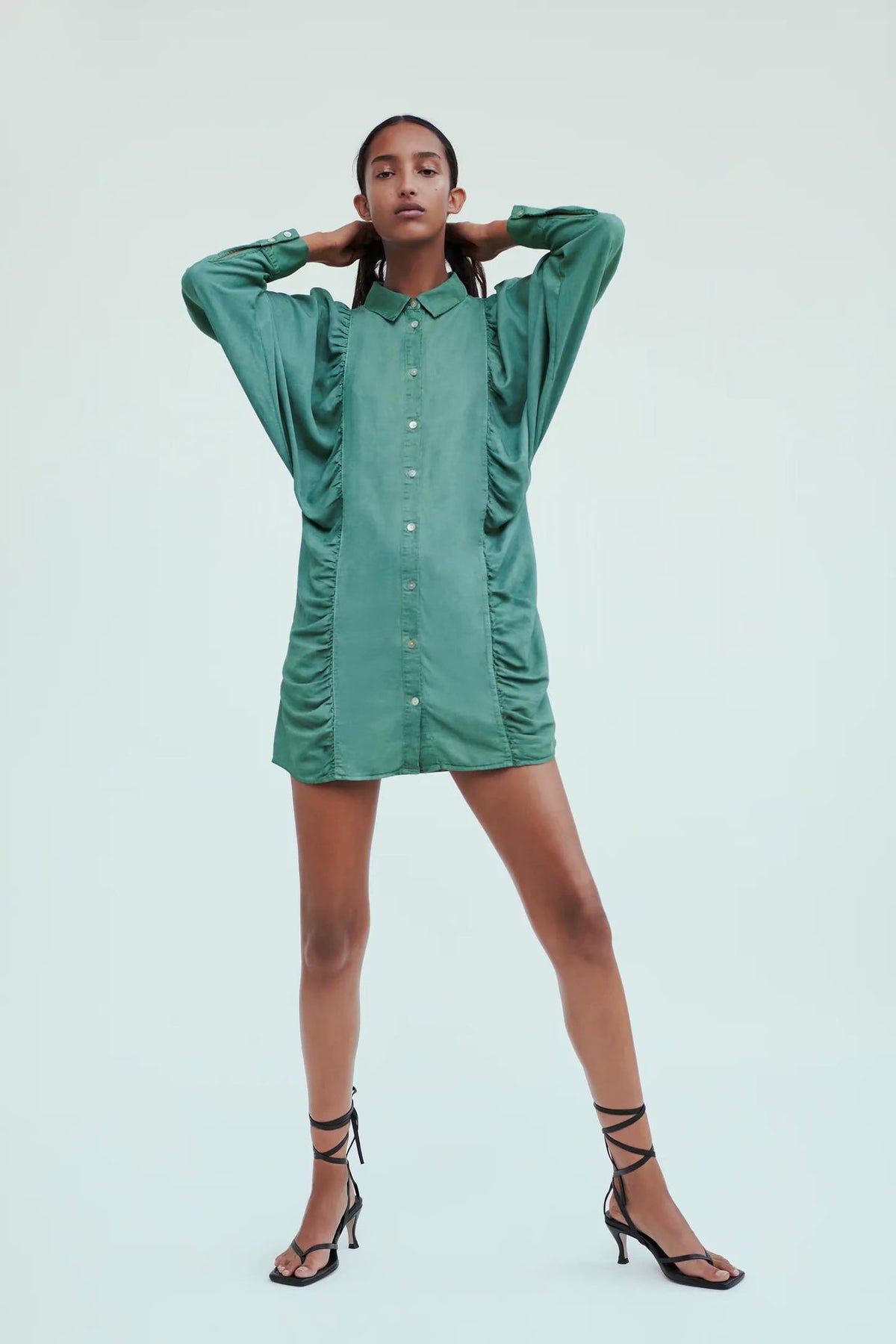 Puff Sleeve Shirred Frill Single-breasted Mini Dress
