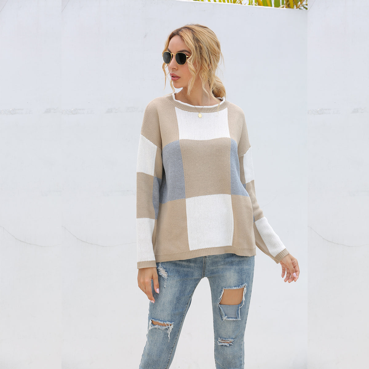 Plaid Knit Oversize Contrast Color Sweaters