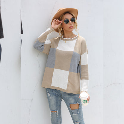 Plaid Knit Oversize Contrast Color Sweaters
