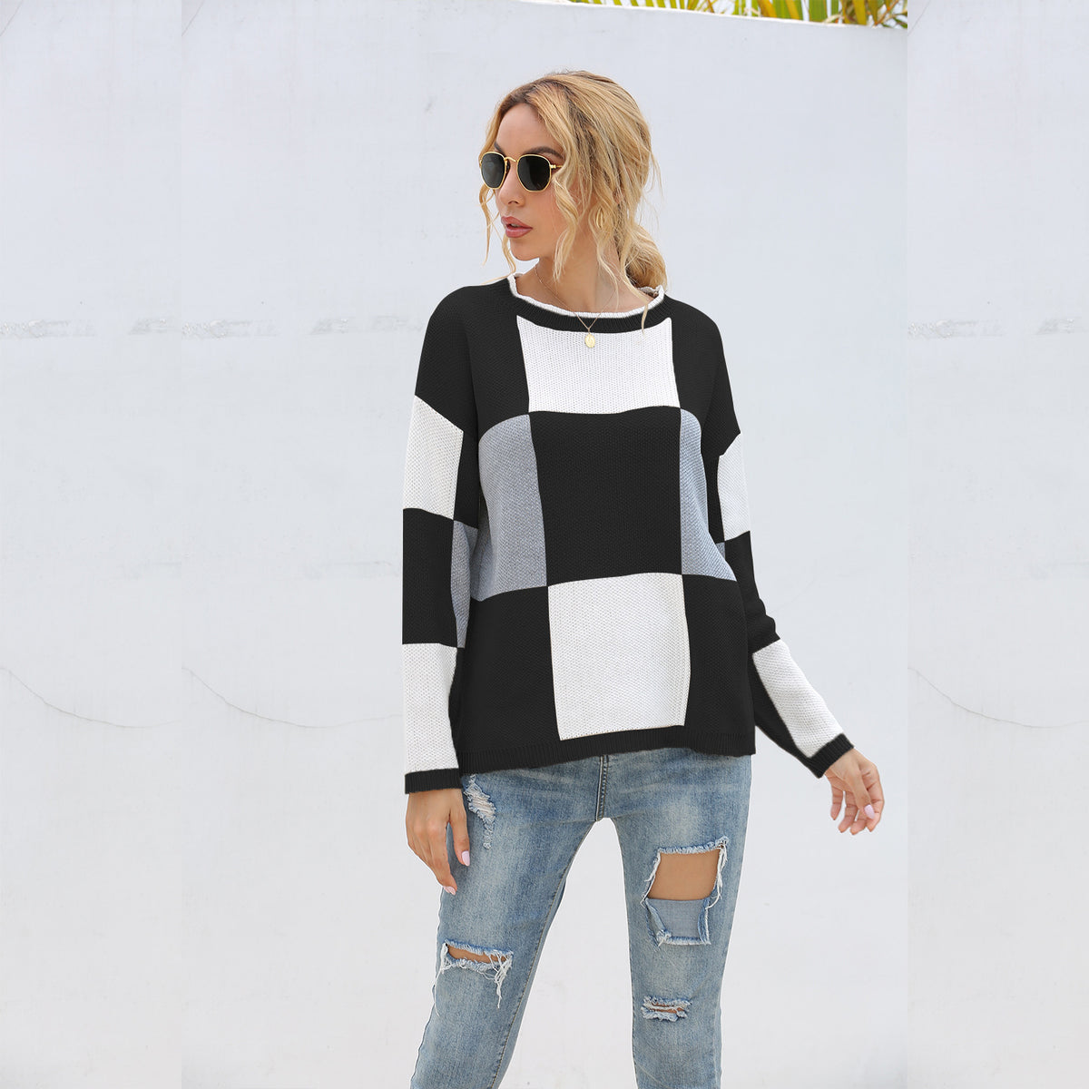 Plaid Knit Oversize Contrast Color Sweaters