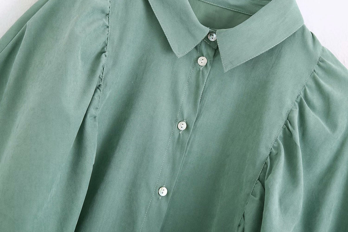 Puff Sleeve Shirred Frill Single-breasted Mini Dress