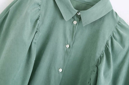 Puff Sleeve Shirred Frill Single-breasted Mini Dress