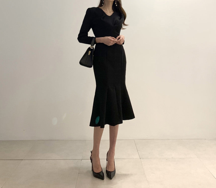 Zipper Splicing Fishtail Pleated Midi Dress