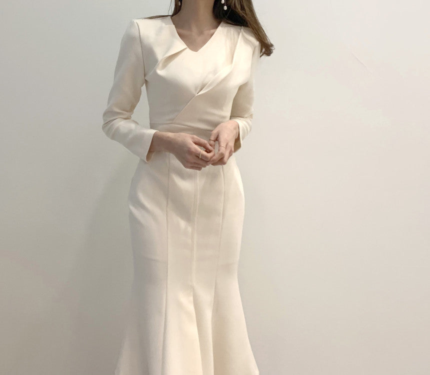 Zipper Splicing Fishtail Pleated Midi Dress