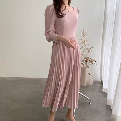 Square Collar Puff Bubble Sleeve Vintage Pleated Midi Dress