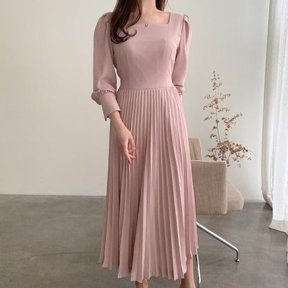Square Collar Puff Bubble Sleeve Vintage Pleated Midi Dress