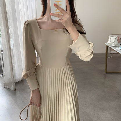 Square Collar Puff Bubble Sleeve Vintage Pleated Midi Dress