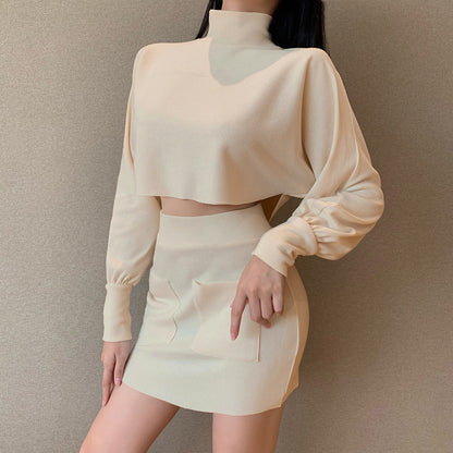 Lantern Sleeve Crop Tops Sweater Pocket Skirt Two-piece Set