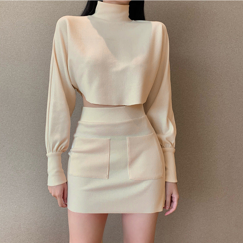 Lantern Sleeve Crop Tops Sweater Pocket Skirt Two-piece Set