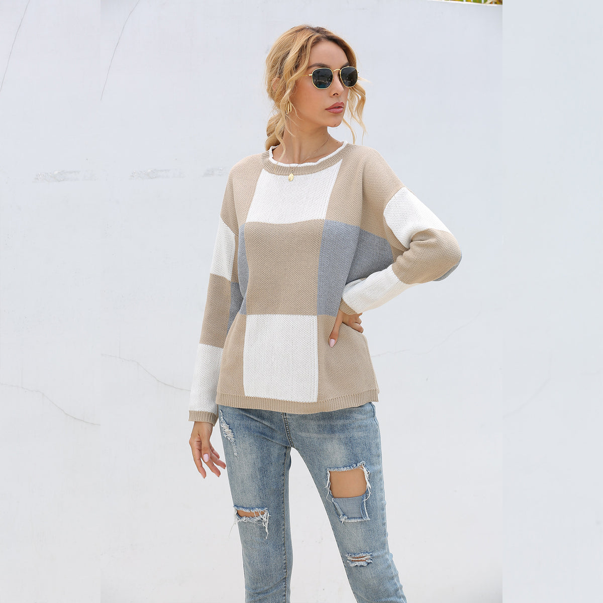 Plaid Knit Oversize Contrast Color Sweaters