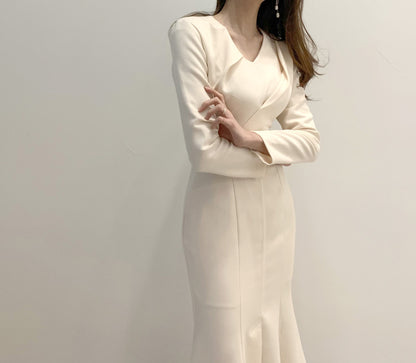 Zipper Splicing Fishtail Pleated Midi Dress