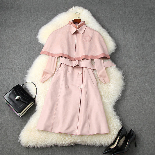 Double Breasted Cape Cloak Net Yarn Tops Vest Midi Dress Three-piece Set
