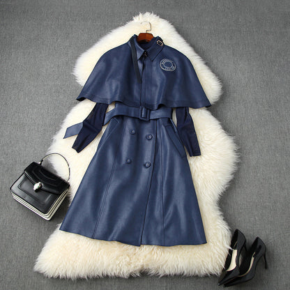 Double Breasted Cape Cloak Net Yarn Tops Vest Midi Dress Three-piece Set