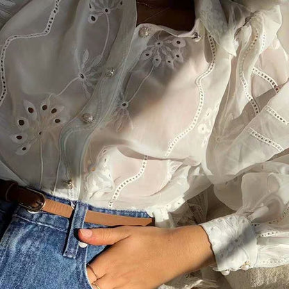 Floral Embroidery Single-breasted Hollow-out Shirts Blouse