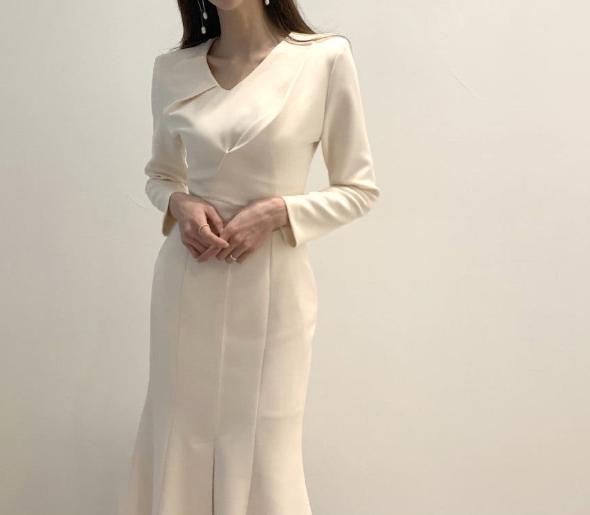 Zipper Splicing Fishtail Pleated Midi Dress
