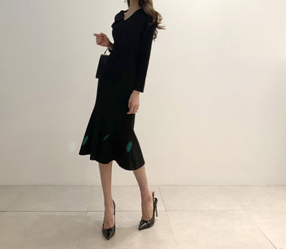 Zipper Splicing Fishtail Pleated Midi Dress
