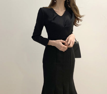 Zipper Splicing Fishtail Pleated Midi Dress