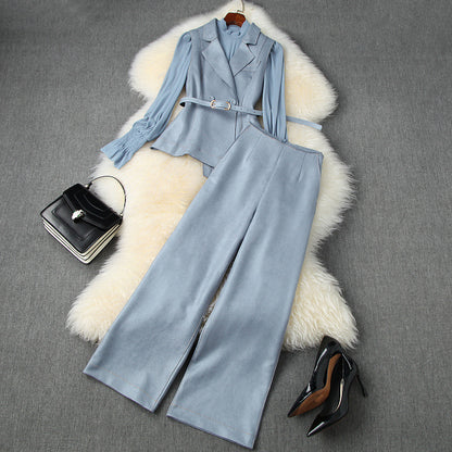 Belt Blazers Vest Net Yarn Tops Wide Leg Pants Three-piece Set