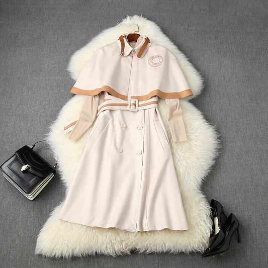 Double Breasted Cape Cloak Net Yarn Tops Vest Midi Dress Three-piece Set