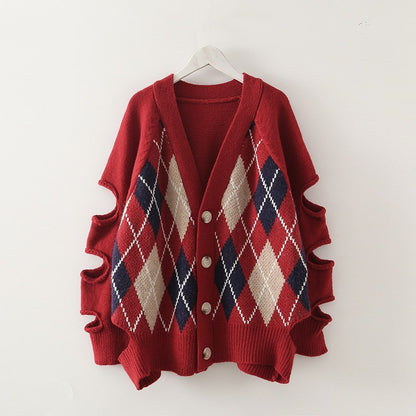 Argyle Pattern Knit Hollow-out Sleeves Sweaters