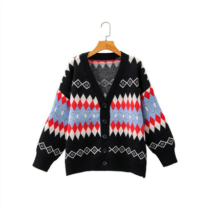 Argyle Pattern Geometry Single-breasted V-neck Sweater Outerwear Cardigan