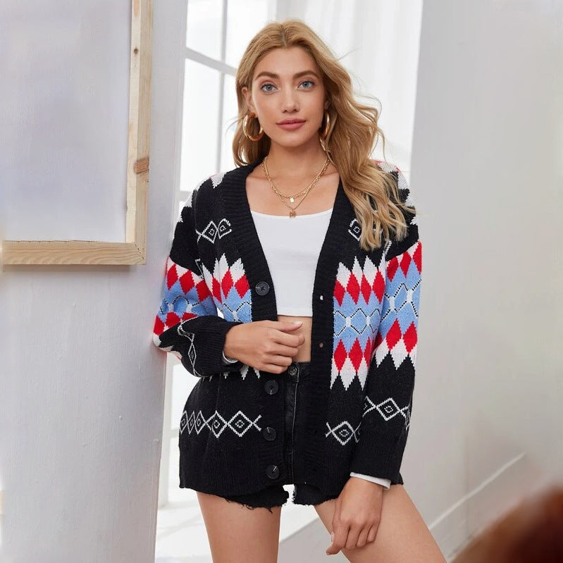 Argyle Pattern Geometry Single-breasted V-neck Sweater Outerwear Cardigan