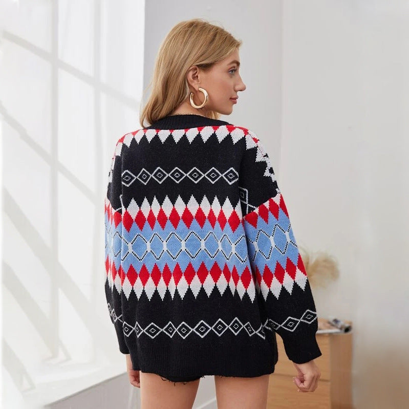 Argyle Pattern Geometry Single-breasted V-neck Sweater Outerwear Cardigan