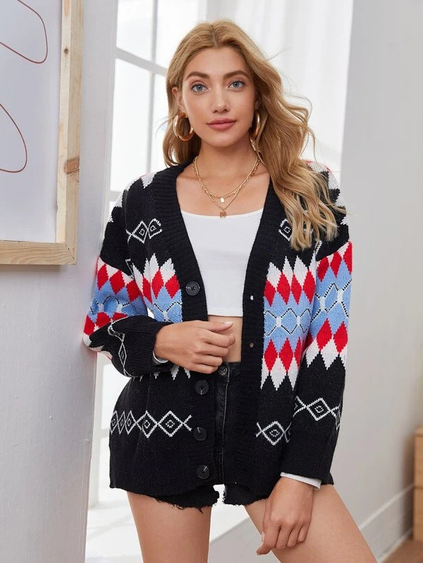 Argyle Pattern Geometry Single-breasted V-neck Sweater Outerwear Cardigan