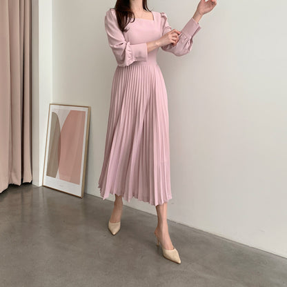 Square Collar Puff Bubble Sleeve Vintage Pleated Midi Dress