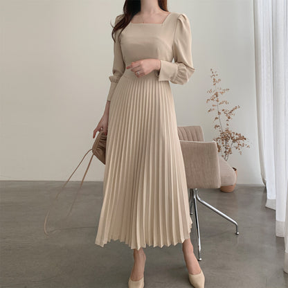 Square Collar Puff Bubble Sleeve Vintage Pleated Midi Dress