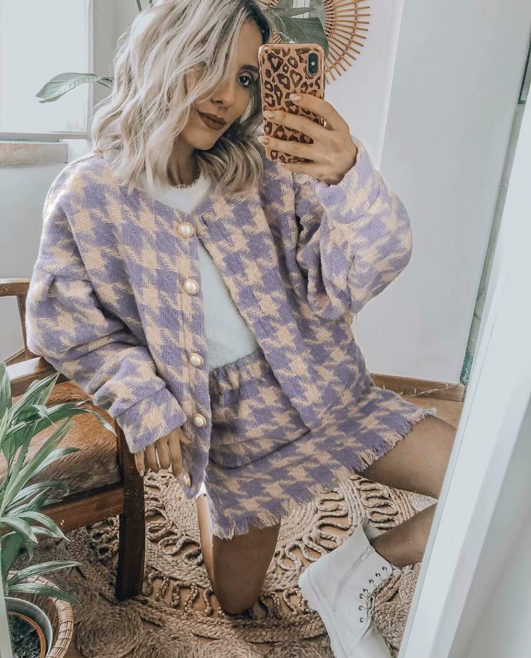 Houndstooth Beaded Buckle Long Sleeve Short Jacket Skirt Dress Suit
