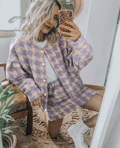 Houndstooth Beaded Buckle Long Sleeve Short Jacket Skirt Dress Suit