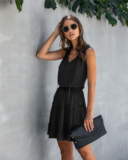 V-neck Lace-up Pleated Elastic Waist Mini Dress