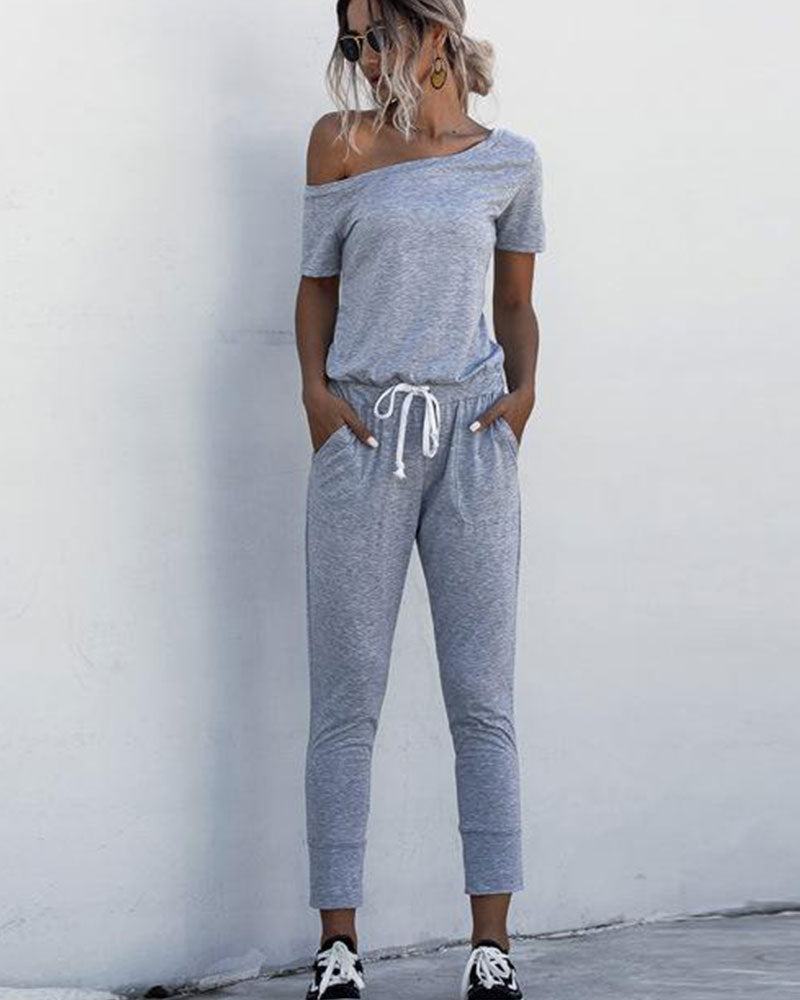Diagonal Shoulder Lace-up Short Sleeve Casual Jumpsuit Rompers