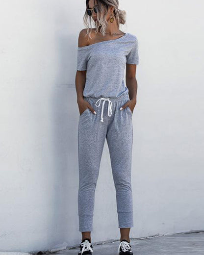 Diagonal Shoulder Lace-up Short Sleeve Casual Jumpsuit Rompers