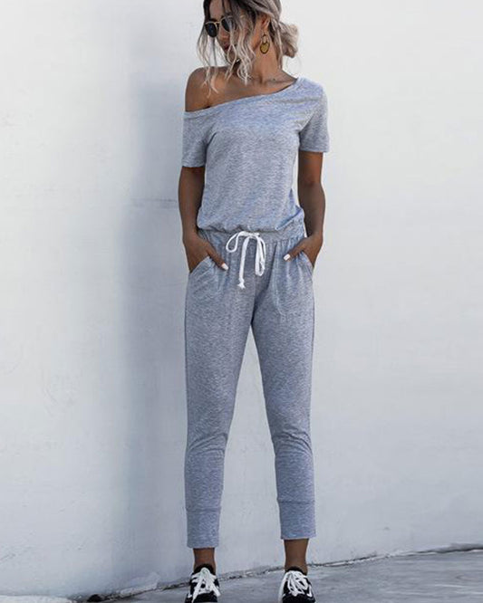 Diagonal Shoulder Lace-up Short Sleeve Casual Jumpsuit Rompers