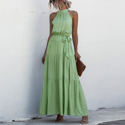 Green Wave Bohemian Boho Printed Hanging Neck Straps Maxi Dresses