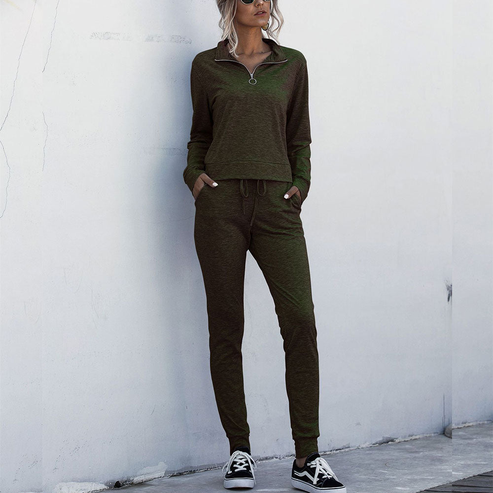 Stand Collar Zipper Two-piece Sports Suit Lace-up Pant