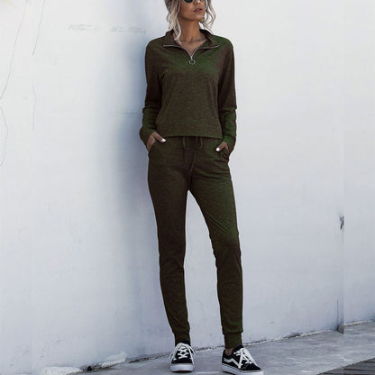 Stand Collar Zipper Two-piece Sports Suit Lace-up Pant