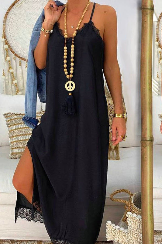 Black Sexy Lace Loose Vacation Summer Maxi Dresses