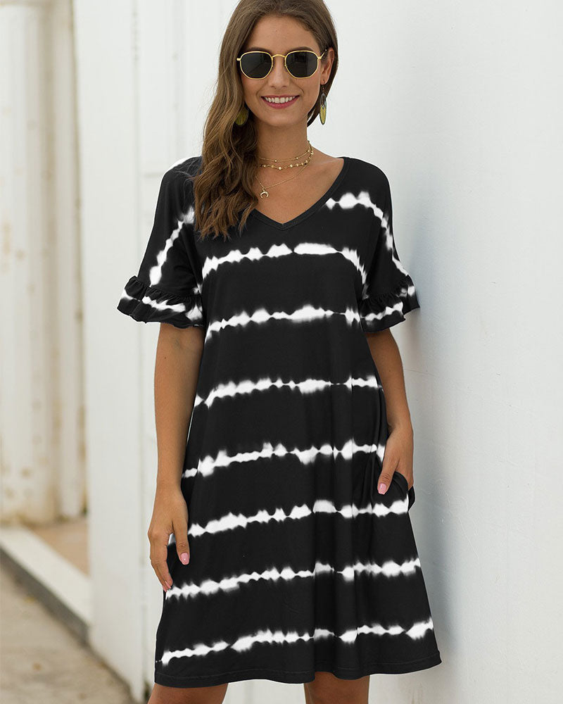 Pocket Striped Mini Dresses Lotus Sleeve