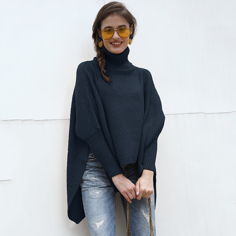 Women's High Collar Loose Hollow Bat Sweater