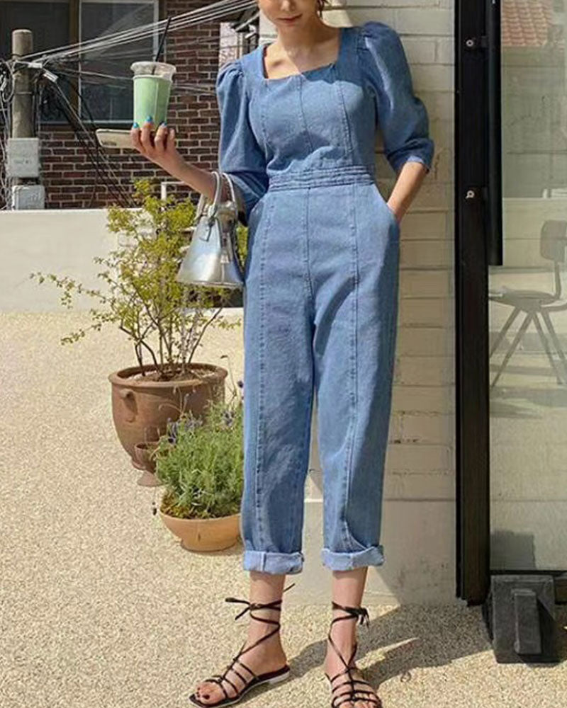 Puff Sleeves Denim Jumpsuit Slim Waist Rompers