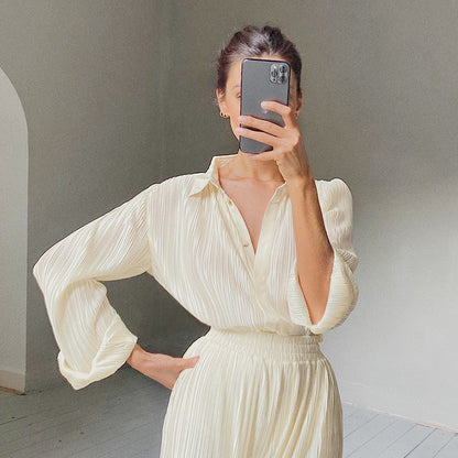 Beige Lapel Pleated Shirt Loose Pants Long Sleeve Two-piece Set