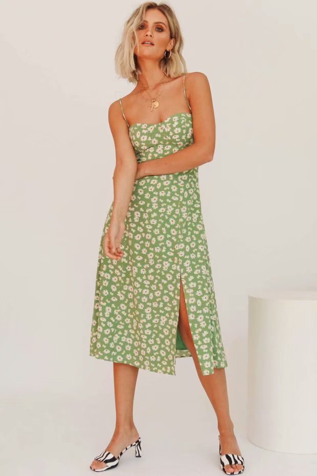 Sexy Suspenders Split Floral Daisy Midi Dresses
