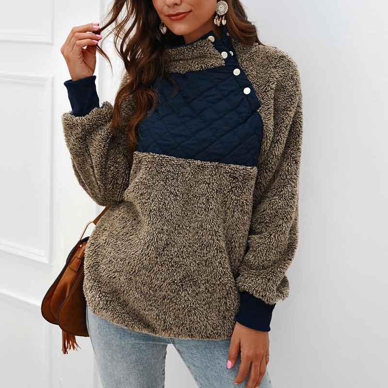 Women's High Collar Oblique Button Sweater Long Sleeve