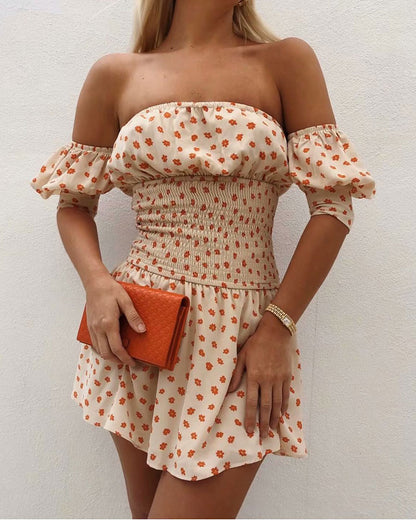 Vintage Sexy Floral Off-The-Shoulder Mini Dress Elastic Waist Dress