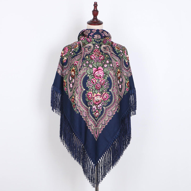 Ethnic Retro Flower Square Scarf Shawl Fringed Scarves for Women Ladies Girls