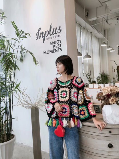 Women's Loose Colored Hollowed-out Tassel Sweater