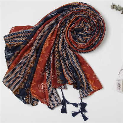 Tassel Twill Cotton Printed Scarf Ethnic Shawl for Women Ladies Girls